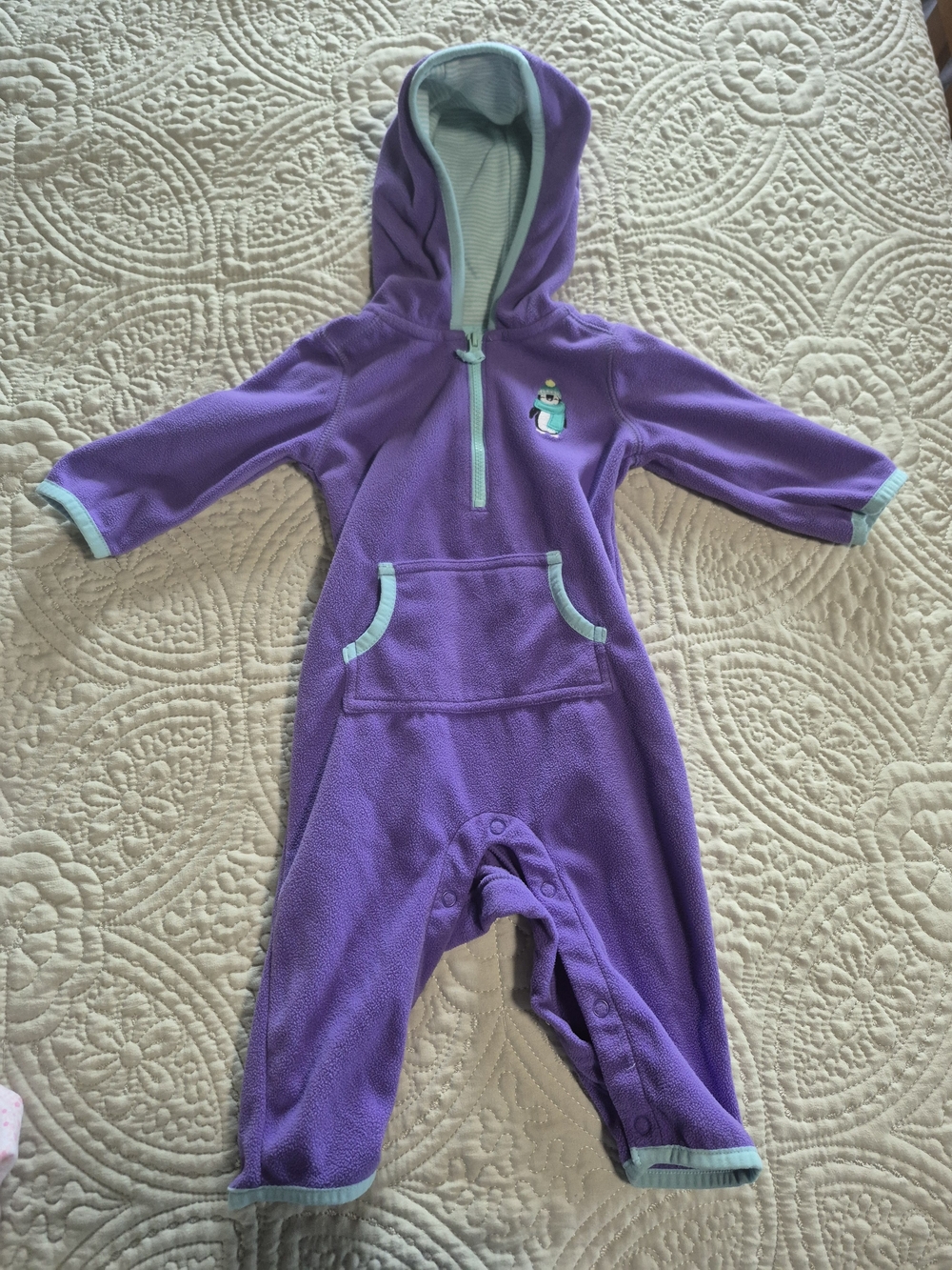 Carter's Purple Fleece Hooded One-Piece with Mint Trim and Penguin Patch